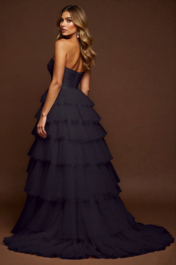 A Line Strapless Tiered Black Prom Dress With Slit